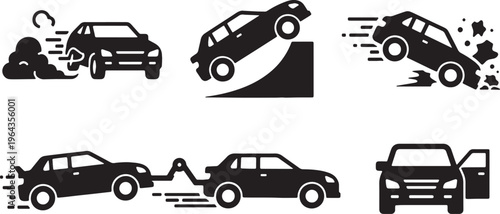 Car in Various Action Poses Black Solid Silhouettes Set