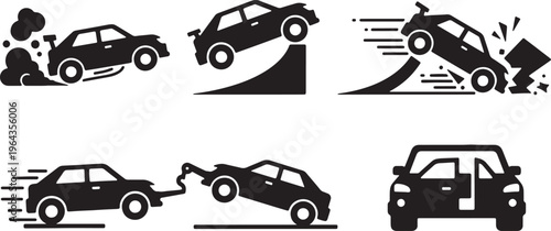 Car in Various Action Poses Black Solid Silhouettes Set