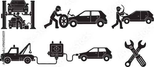 Black Solid Car Service and Mechanic Silhouettes