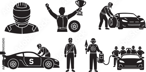 Set of Six Racing Driver and Pit Crew Silhouettes