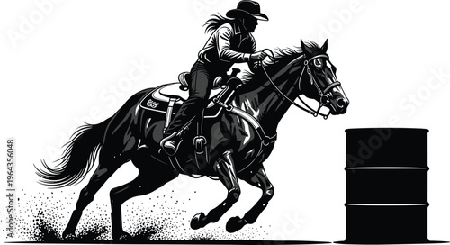Dynamic black and white illustration of cowboy barrel racing horse rider turning sharply around barrel in rodeo competition