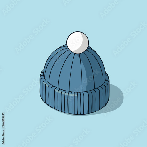 Blue knit beanie with pompom minimalist illustration.
