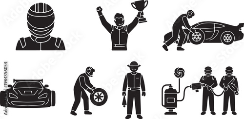 Set of Six Racing Driver and Pit Crew Silhouettes