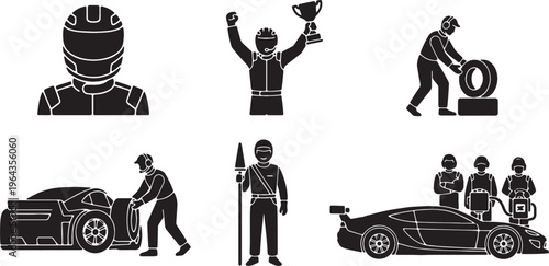 Set of Six Racing Driver and Pit Crew Silhouettes