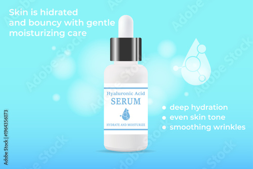 A template for advertising cosmetics with hyaluronic acid. 3d model of a dropper bottle and citrus fruits.