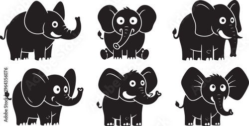 Solid Black Cartoon Elephant Character Shapes