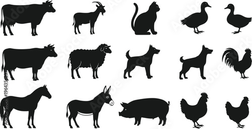 Farm animal silhouettes collection with cow, goat, horse, pig, chicken, dog, cat, duck, sheep, donkey, rooster icons