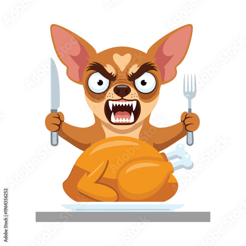 Furious Chihuahua Dog with Knife and Fork Ready to Eat Roasted Turkey