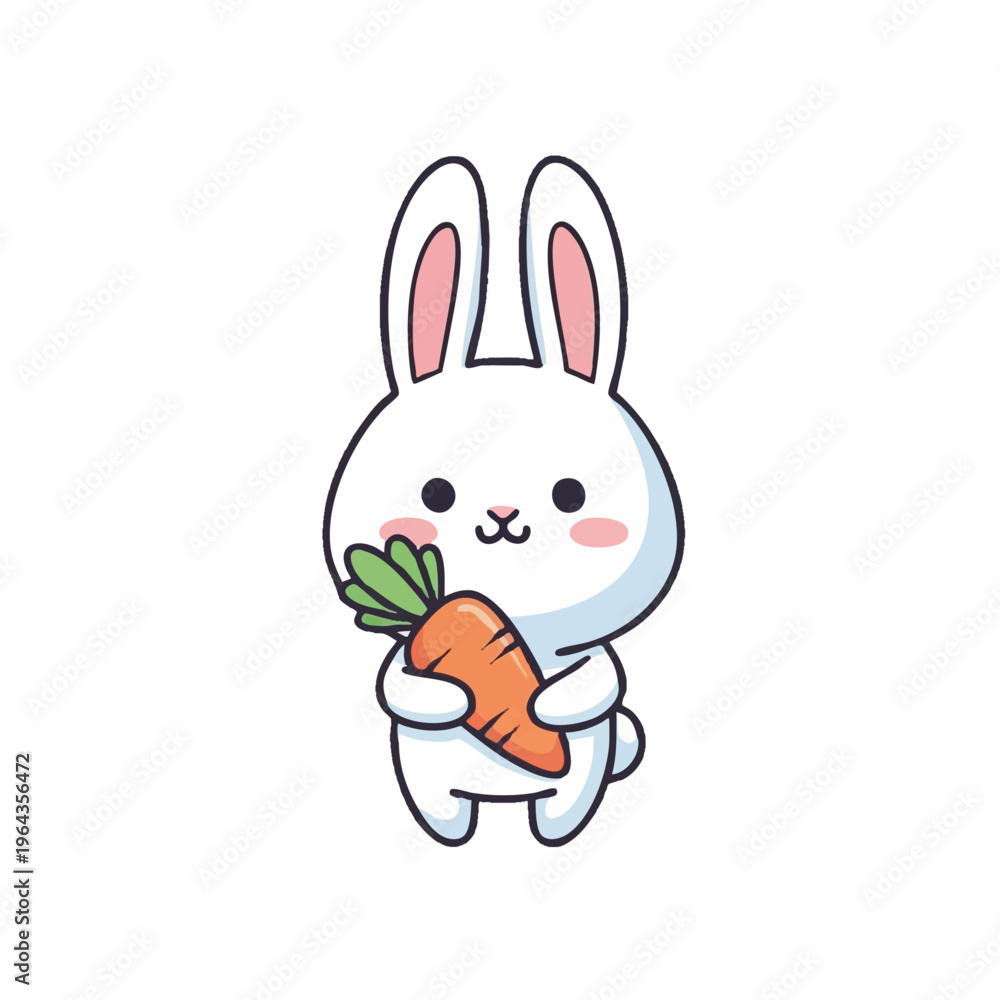 Fototapeta premium Cute cartoon bunny holding carrot on white background.