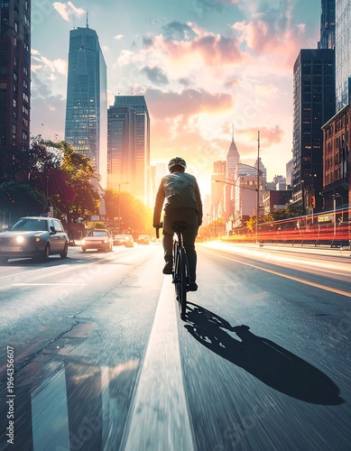 Cyclist Riding Towards Cityscape at Sunset - Urban Commute.