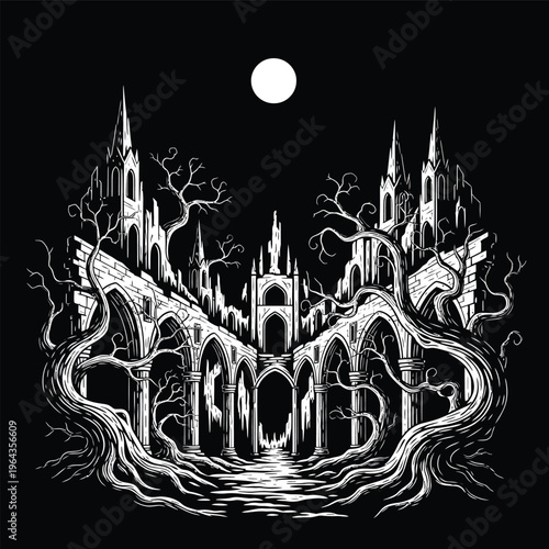 Gothic castle with tall spires towers.