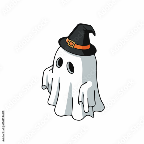 Cute cartoon ghost wearing witch hat.