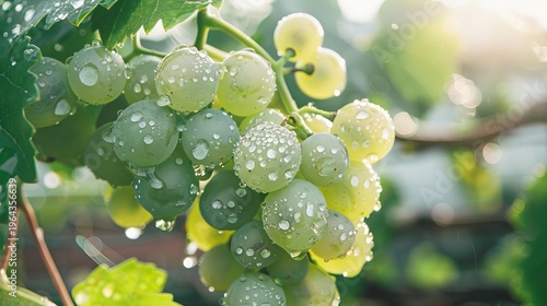 Vibrant fresh green grapes glimmering with water droplets on a lush vine close up