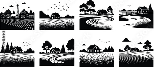 Idyllic rural farm landscape illustrations with barns, houses, fields, trees, fences, and countryside scenery in black and white
