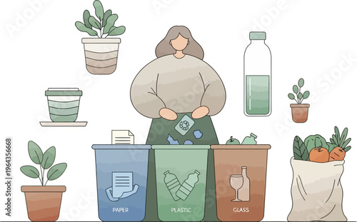 Eco friendly waste sorting vector illustration, woman recycling garbage in separate bins, sustainable lifestyle and zero waste concept
