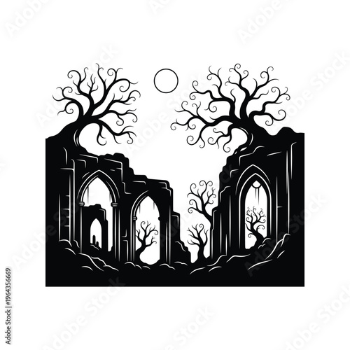 Black and white illustration of trees.