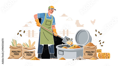 Farm Labor: A farmer diligently works, shoveling feed into a container, with poultry feed bags and hay bales around. A focused scene of farm and industry