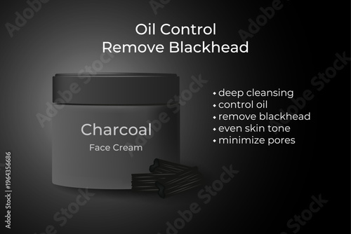 Advertisement for charcoal cream. A jar of cream and pieces of charcoal isolated on a black gradient background. Vector illustration