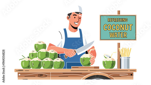 Coconut Vendor: A friendly vendor meticulously prepares refreshing coconut water, offering a taste of tropical delight.