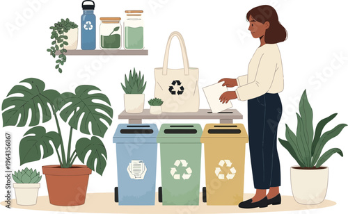 Sustainable lifestyle illustration of woman sorting waste, eco friendly recycling bins and reusable bags, zero waste home with indoor plants