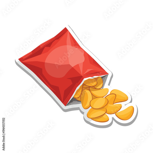 Red bag of potato chips spilling out, cartoon illustration