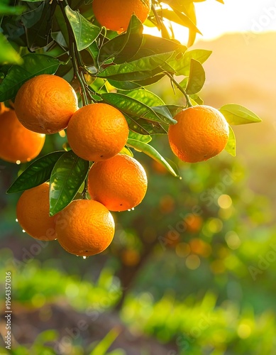 Ripe oranges on a tree branch in the sunlight.
