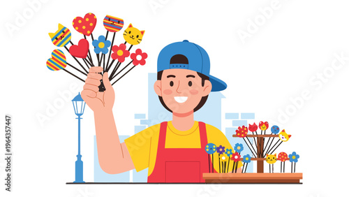 Street Vendor's Colorful Treats: A cheerful street vendor proudly displays an assortment of whimsical, lollipop-like creations, crafted with a vibrant array of colors and designs.