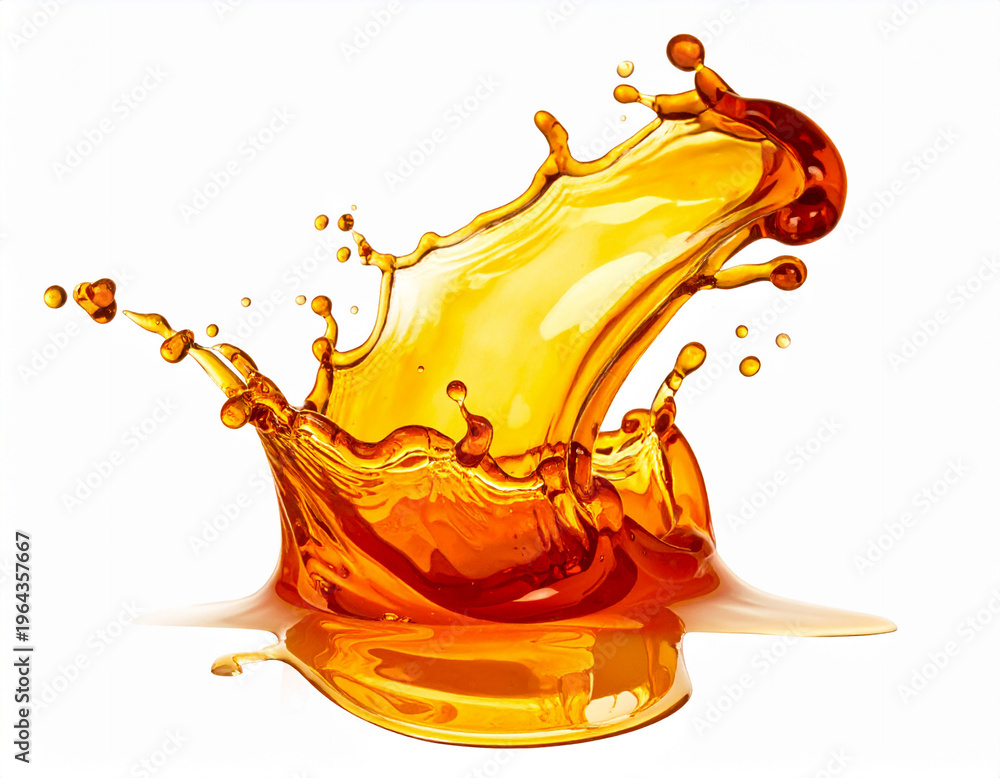 Fototapeta premium 水しぶきで描かれた琥珀色のスプラッシュデザインの抽象背景 Abstract background with an amber splash design depicted with water droplets.