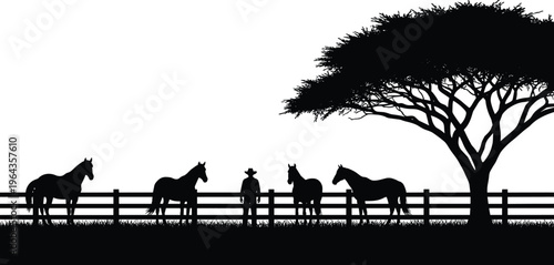 Silhouette of farmer with horses in fenced rural pasture under large tree countryside ranch scene illustration