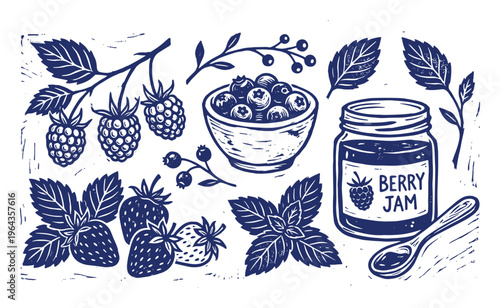 Berry jam illustration with raspberries, strawberries, blueberries, leaves and spoon hand drawn vector