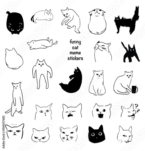 Funny cat meme illustration stickers collection. Various cat poses and faces doodles for internet content and communication.