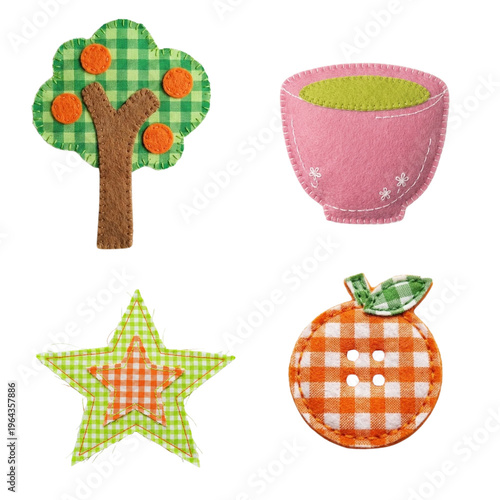 Set of four cute fabric appliques, including a tree with fruit, a star, a bowl of soup, and an orange on a white background, perfect for crafting and decoration