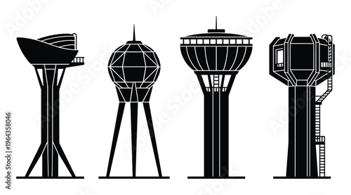 Black silhouettes of various observation towers isolated on a white background vector design, diverse architecture