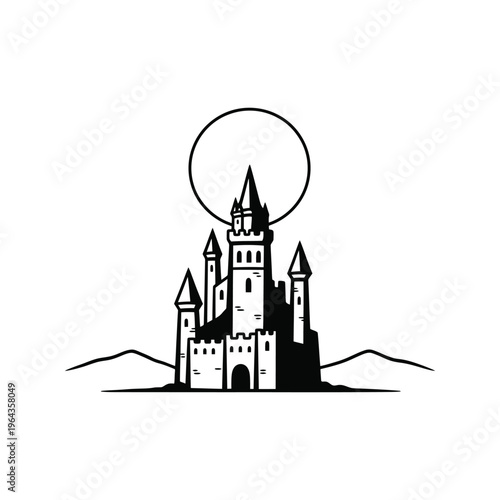 Black and white castle illustration.