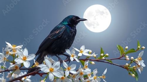 Black bird on flowering branch moonlight.