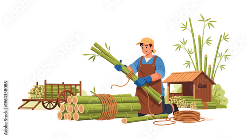 Crafting with Bamboo: A dedicated artisan meticulously prepares bundles of freshly harvested bamboo, showcasing the skilled craftsmanship and natural beauty of this versatile material.
