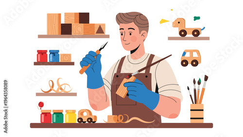 Crafting Dreams: A skilled artisan meticulously works on a wooden toy, a symphony of creativity and craftsmanship, showcasing the passion for traditional woodworking
