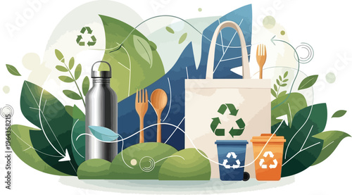 Eco-friendly zero waste lifestyle illustration, sustainable living concept with reusable bag and water bottle, green recycling icons and nature elements