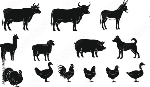 Silhouettes of domesticated farm animals including cows, sheep, pigs, poultry, and alpaca for agriculture and education