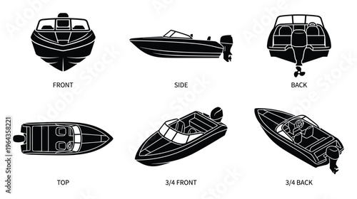 Boat views illustration set front, side, back, top, 3/4 front, 3/4 back silhouettes on a white background