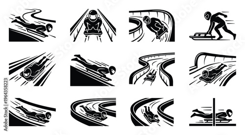 Bobsleigh and Skeleton Sport Silhouettes Vector Set. Winter Games Track Racing, Speed, Competition Illustration