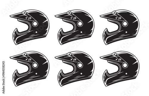 Group of professional motocross helmet illustrations with sun visors for extreme sports and racing safety.