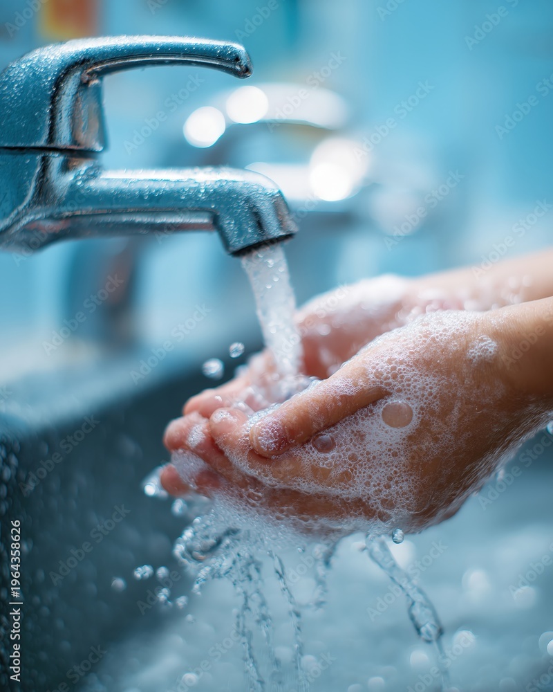 Fototapeta premium Hands are being washed under running water from a faucet, creating soap bubbles and droplets.