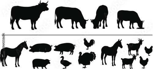 Silhouettes of farm animals including cows, horse, pigs, sheep, goats, poultry, and donkey for agriculture illustration
