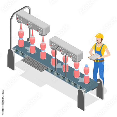 3D Isometric Flat Vector Illustration of Producing of Soft Drinks , Juice Factory Processing and Packaging Line. Item 3