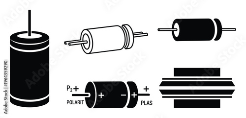 Capacitor vector illustration with polarity markings and various capacitor types