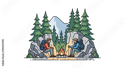 Two people sitting by campfire outdoors.