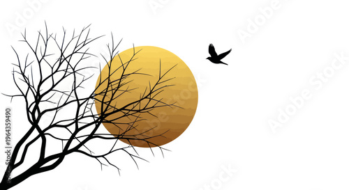 Bird in flight near tree branch.