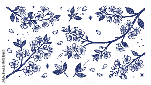 Cherry blossom branches vector illustration in blue, spring flowers with petals and leaves design element