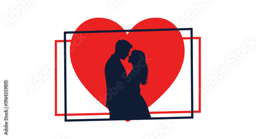Silhouette of Loving Couple Kissing Heart.